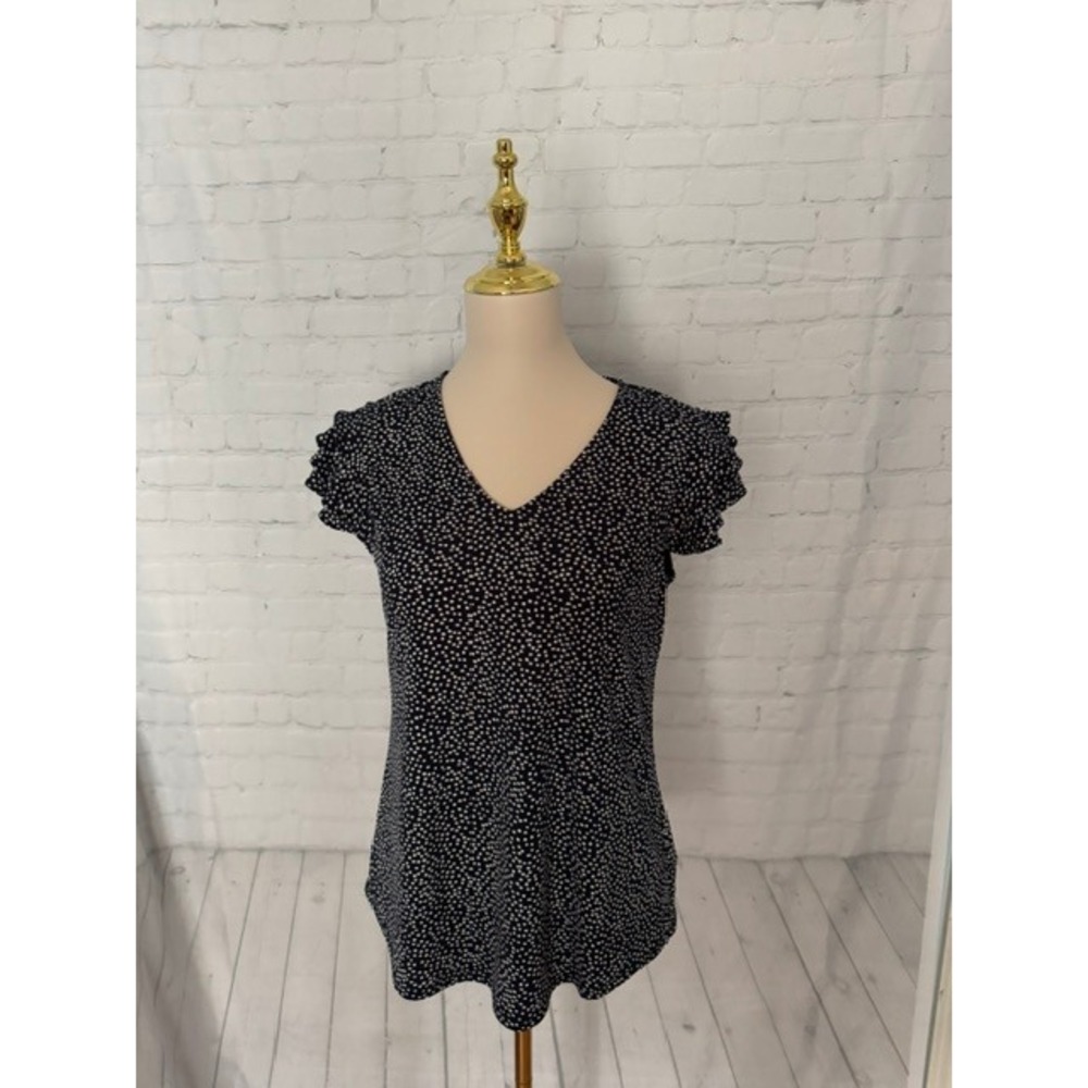 NWT Adrianna Papell Navy Confetti Ruffle Sleeve Top Women's S $69‎